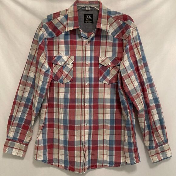 SQ Comfort Wash Men’s XL Pearl Snap Shirt Plaid Long Sleeve Western Casual - Picture 1 of 7